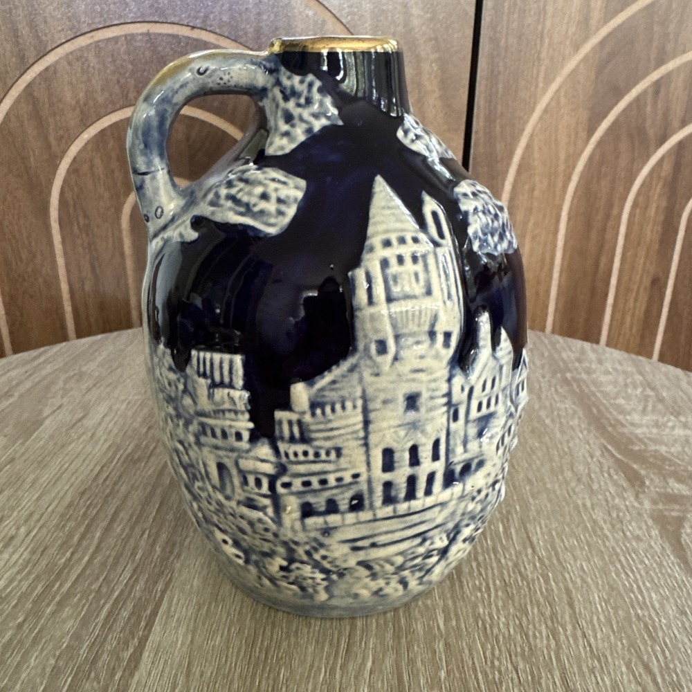 VINTAGE MUSIC BOX JUG DECANTER COBALT CASTLES CROWN STOPPER JAPAN MCM 7.5"